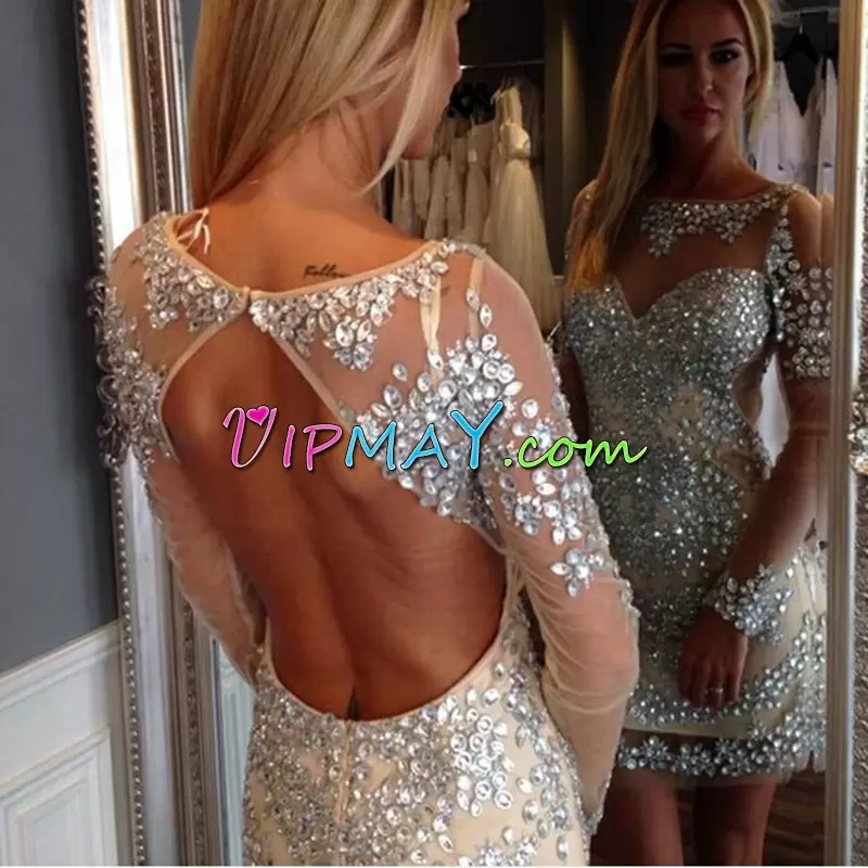 White Long Sleeves Satin Sweep Train Lace Up Homecoming Dress for Prom and Party