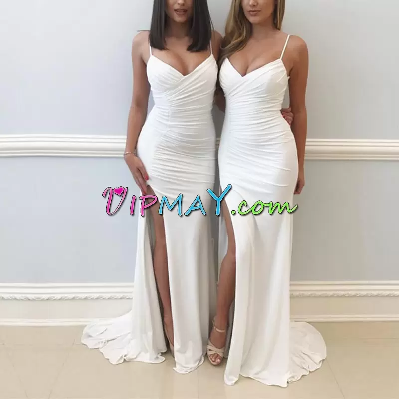 Ruching Prom Evening Gown White Lace Up Sleeveless Sweep Train