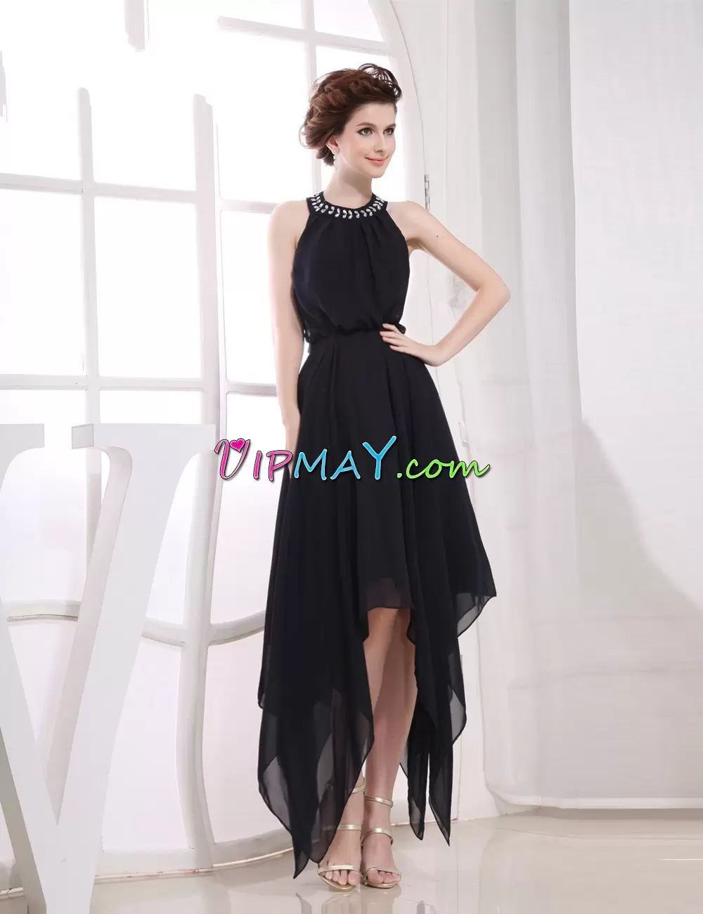 Floor Length Black Prom Party Dress Satin and Chiffon Sweep Train Sleeveless Beading and Lace