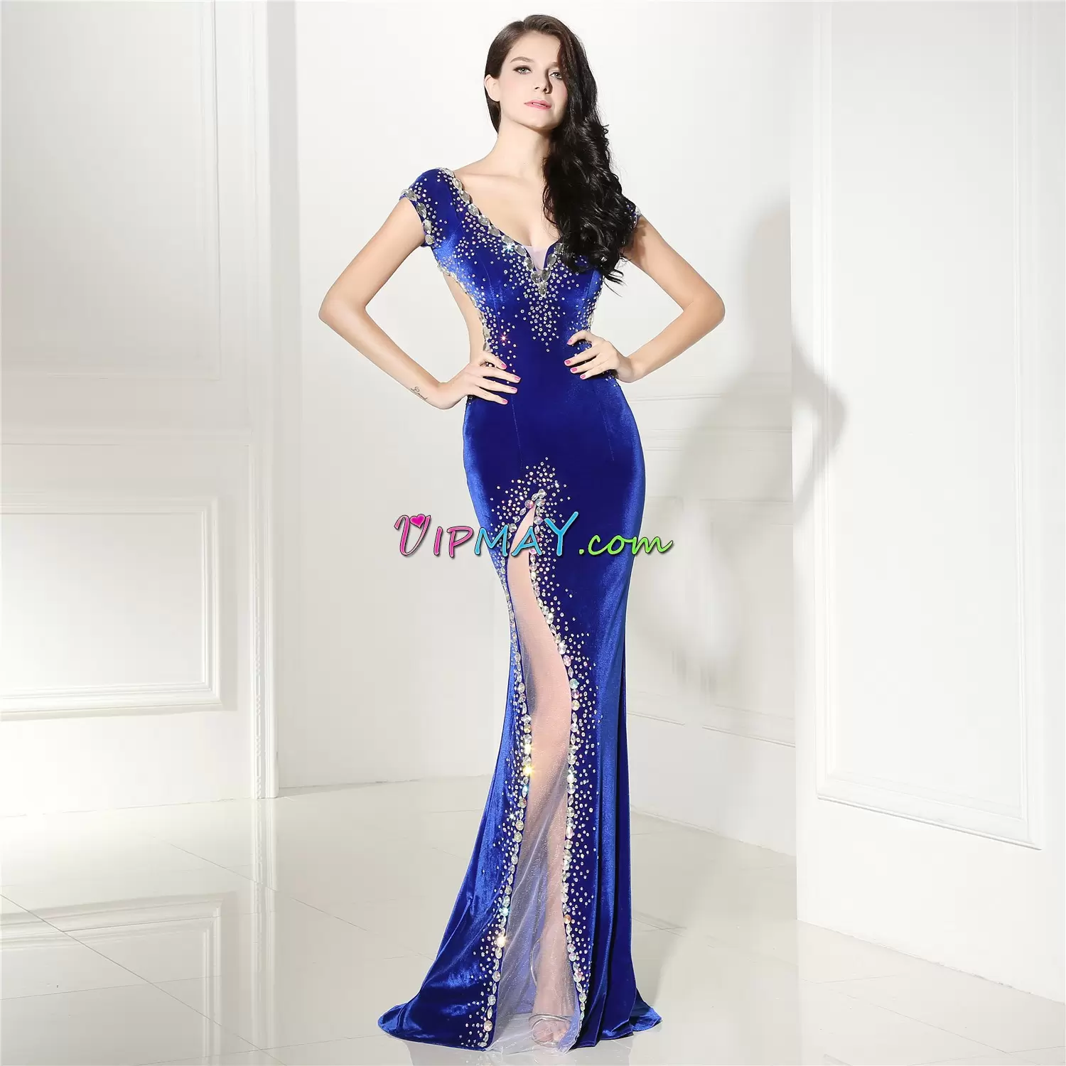 Floor Length Blue and Royal Blue Prom Gown Sweetheart Sleeveless Sweep Train Lace Up