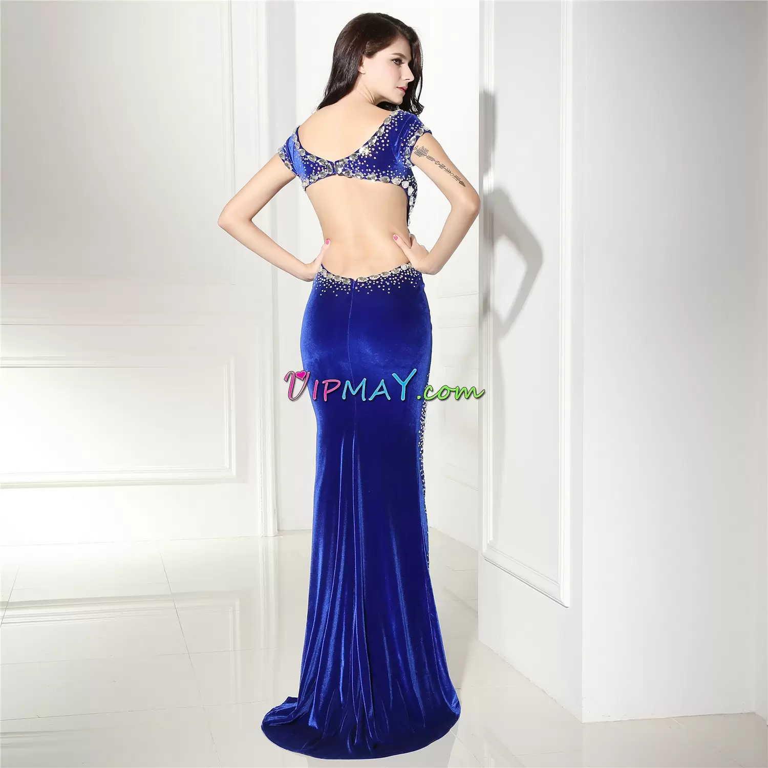 Floor Length Blue and Royal Blue Prom Gown Sweetheart Sleeveless Sweep Train Lace Up