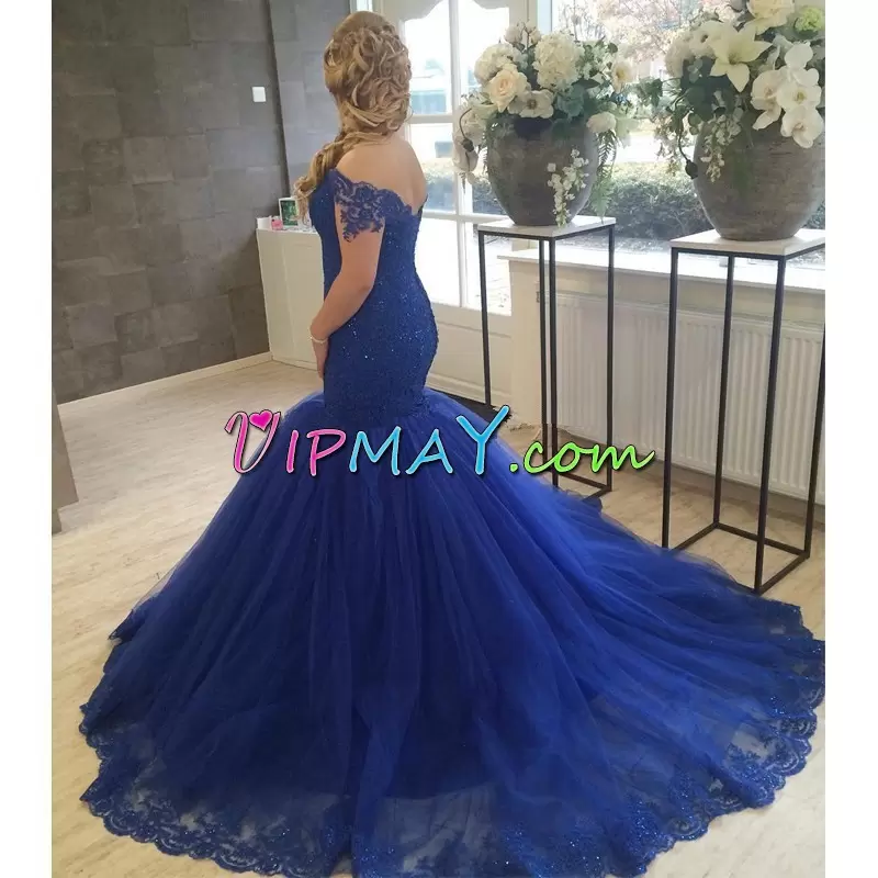 Ideal Blue and Royal Blue Mermaid Beading and Lace Prom Gown Lace Up Satin Sleeveless Floor Length