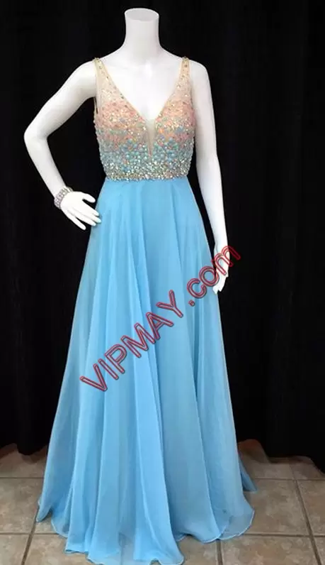 Deep V Neckline Beaded Top Chiffon Prom Dress for Juniors