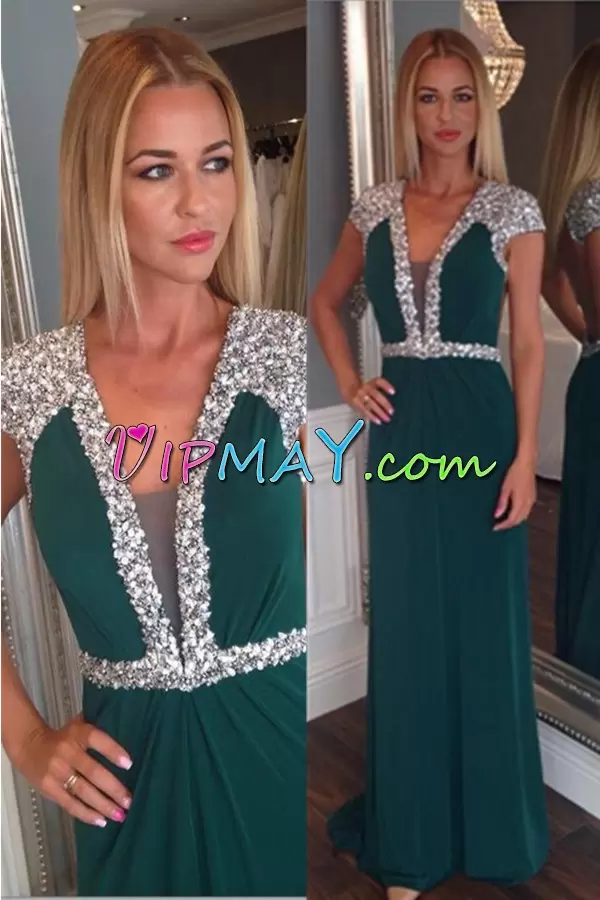 Cap Sleeves V-neck Sweep Train Lace Up Beading Prom Evening Gown V-neck