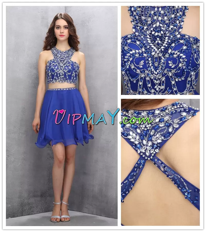 Sleeveless Chiffon Mini Length Backless Prom Party Dress in Royal Blue with Beading