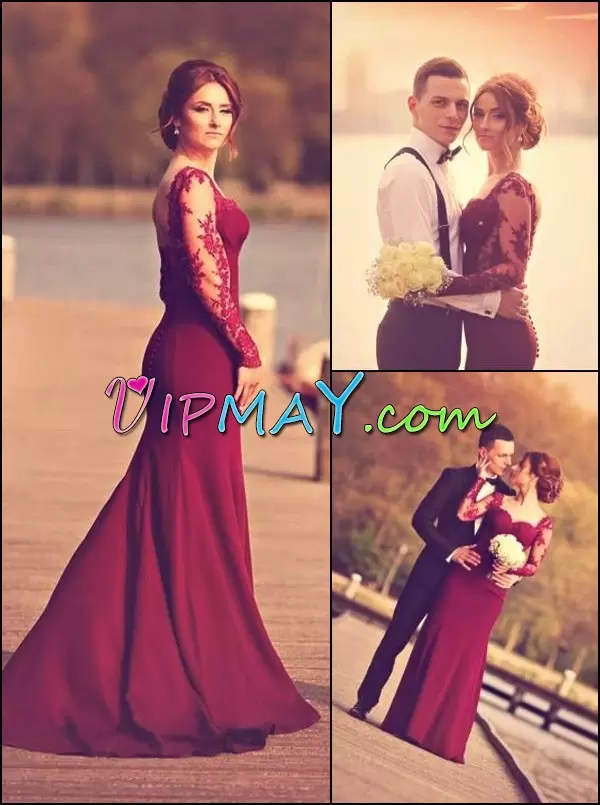 Fashionable Burgundy Mermaid Satin Square Long Sleeves Lace Clasp Handle Homecoming Dress Sweep Train