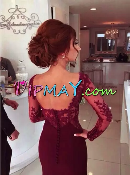 Fashionable Burgundy Mermaid Satin Square Long Sleeves Lace Clasp Handle Homecoming Dress Sweep Train