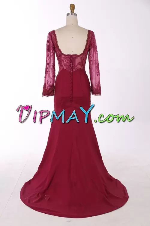 Fashionable Burgundy Mermaid Satin Square Long Sleeves Lace Clasp Handle Homecoming Dress Sweep Train