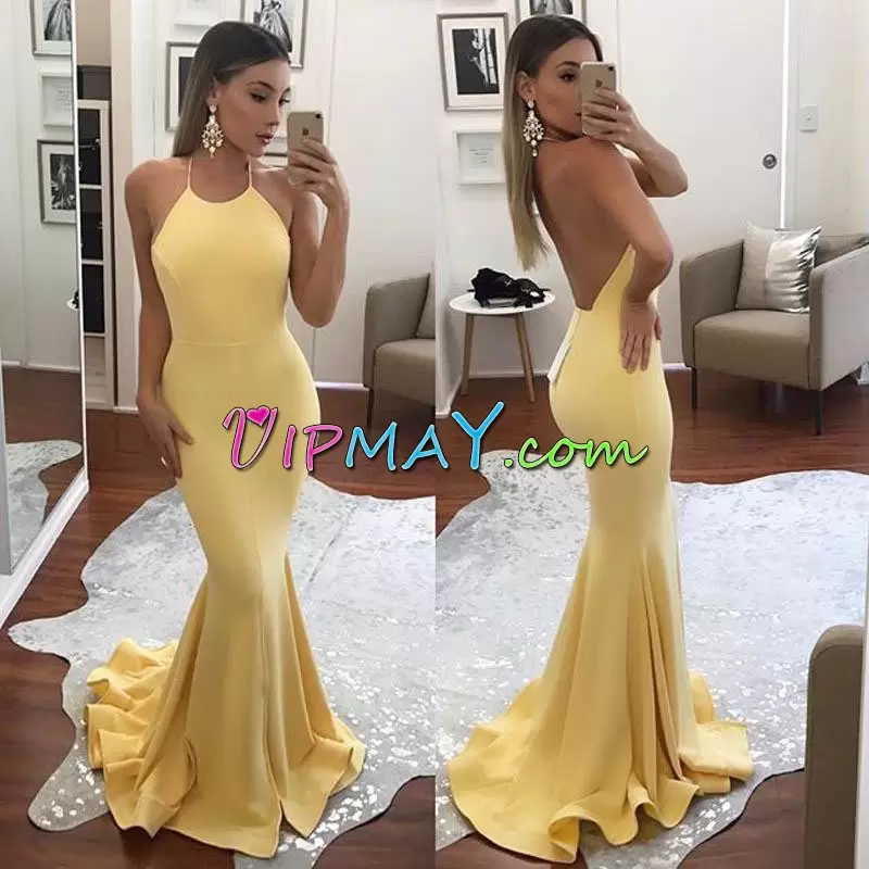 Clearance Halter Top Sleeveless Sweep Train Backless Prom Evening Gown Yellow Satin Ruching