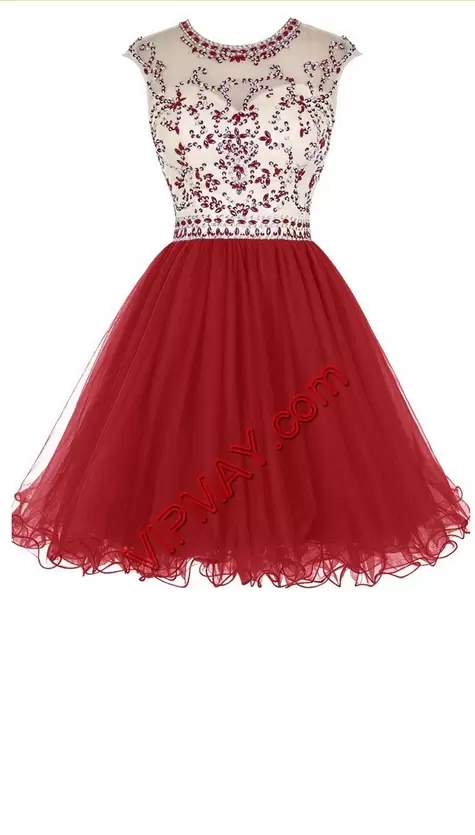 Inexpensive Red Tulle Zipper Evening Dress Sleeveless Mini Length Beading