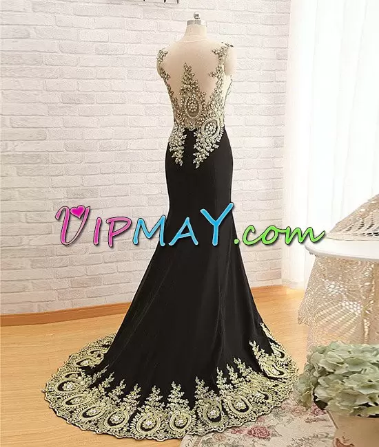 Nice Floor Length Side Zipper Evening Dress Black and Yellow for Prom and Party with Beading and Lace Sweep Train