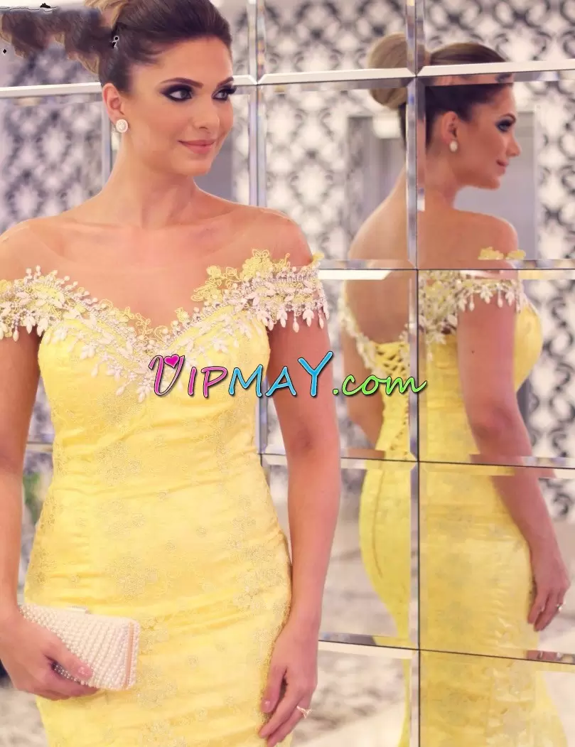 Artistic Yellow Off The Shoulder Neckline Appliques Sleeveless Lace Up