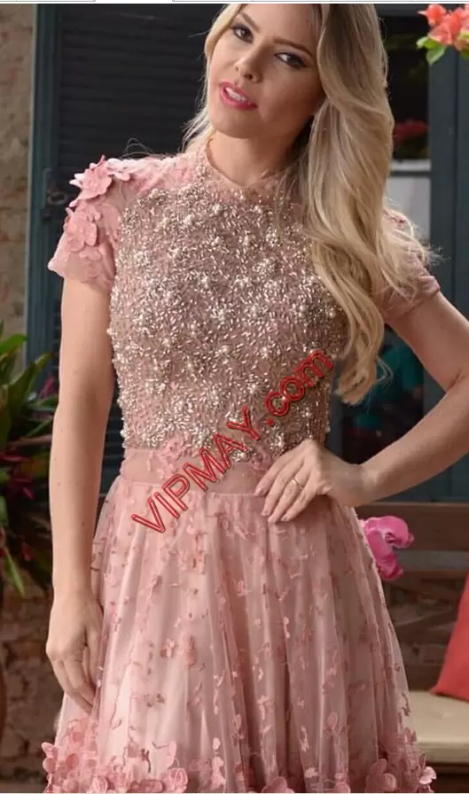 Dynamic Pink Lace Up Homecoming Dress Short Sleeves Mini Length Beading and Appliques and Ruching and Hand Made Flower