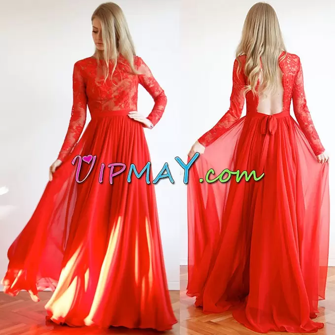 Cute Scoop Long Sleeves Sweep Train Lace Up Prom Dress Red Satin and Organza Beading and Lace