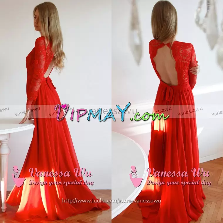 Cute Scoop Long Sleeves Sweep Train Lace Up Prom Dress Red Satin and Organza Beading and Lace