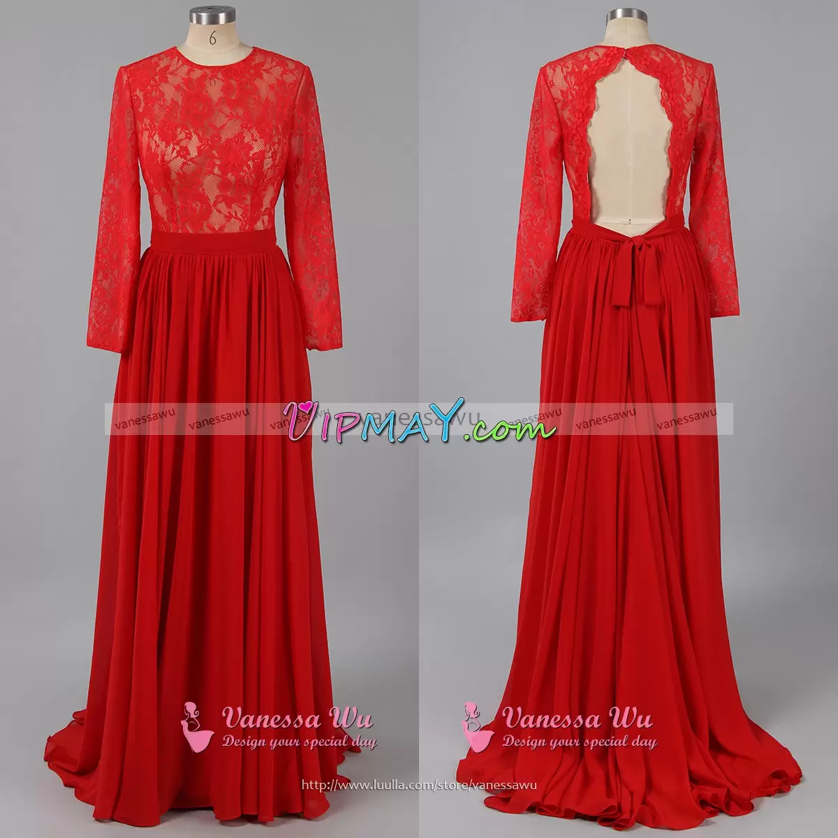 Cute Scoop Long Sleeves Sweep Train Lace Up Prom Dress Red Satin and Organza Beading and Lace