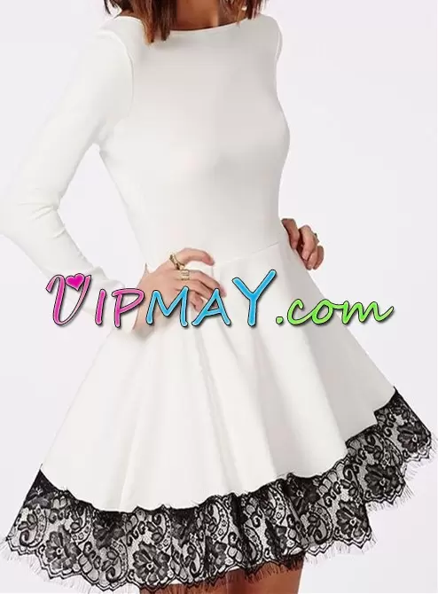 Satin High-neck Long Sleeves Lace Prom Party Dress in White