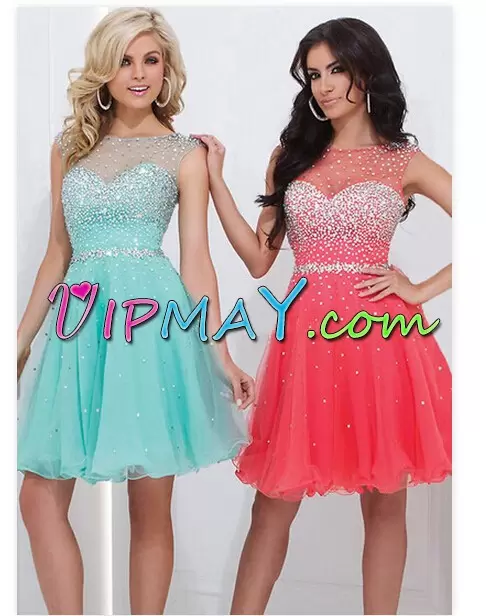 Free and Easy Blue Sleeveless Mini Length Beading Zipper Dress for Prom Scoop