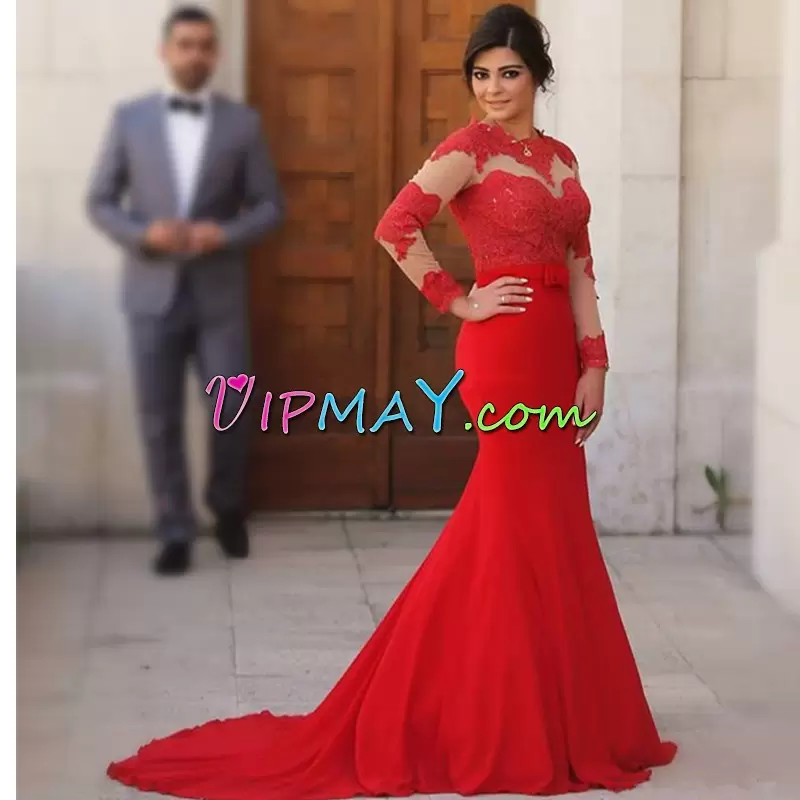 Dramatic Red Mermaid Appliques and Bowknot Hoco Dress Lace Up Chiffon Long Sleeves