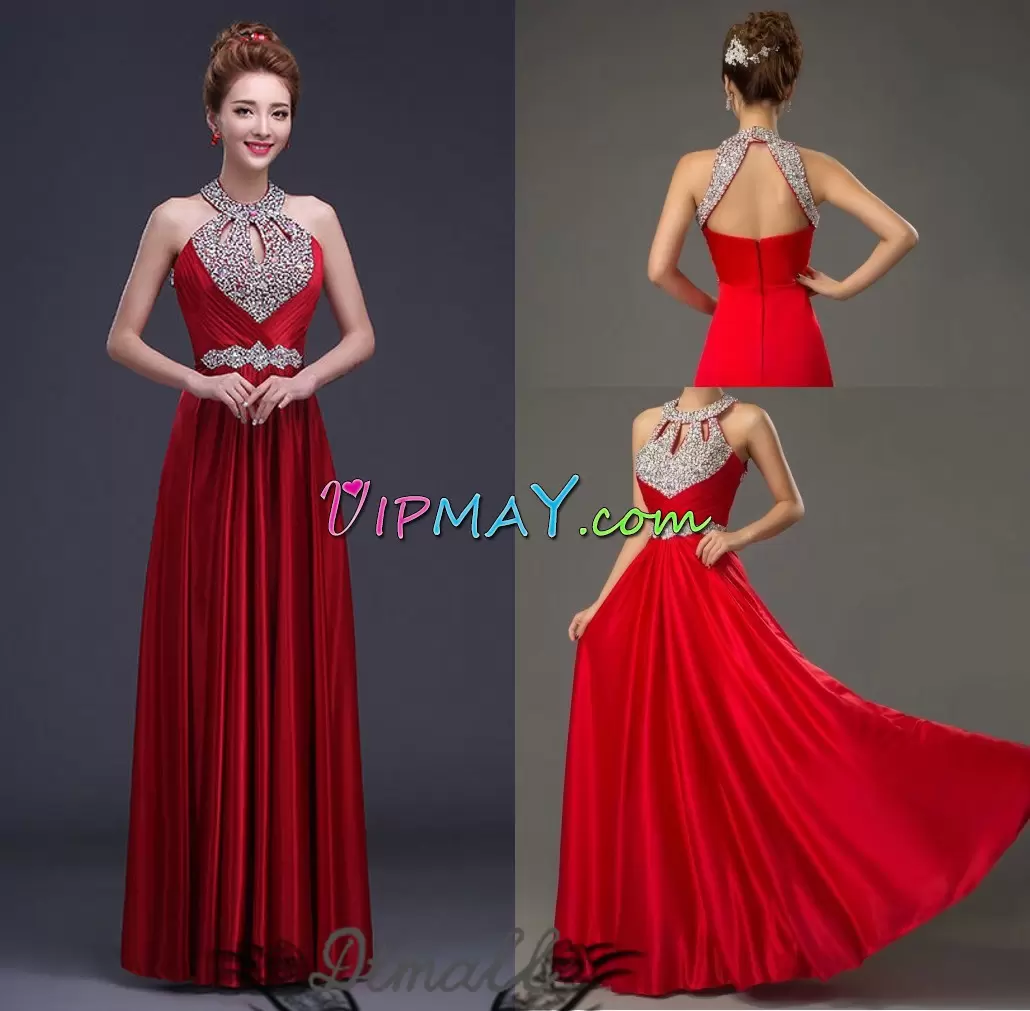 Halter Top Sleeveless Homecoming Dress Online Floor Length Beading Wine Red Satin