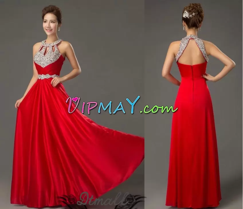 Halter Top Sleeveless Homecoming Dress Online Floor Length Beading Wine Red Satin
