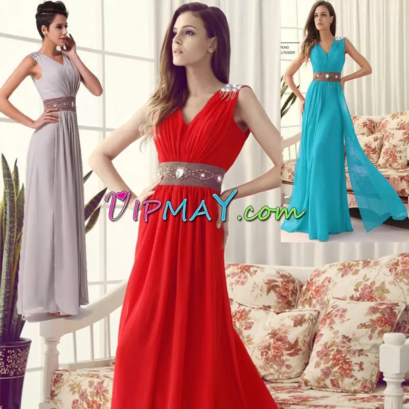 Floor Length Red Prom Evening Gown Chiffon Sleeveless Beading