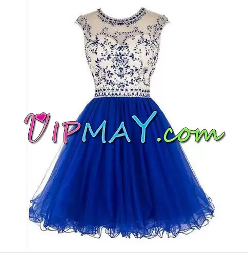 Latest Royal Blue Sleeveless Mini Length Beading Backless Dress for Prom Scoop