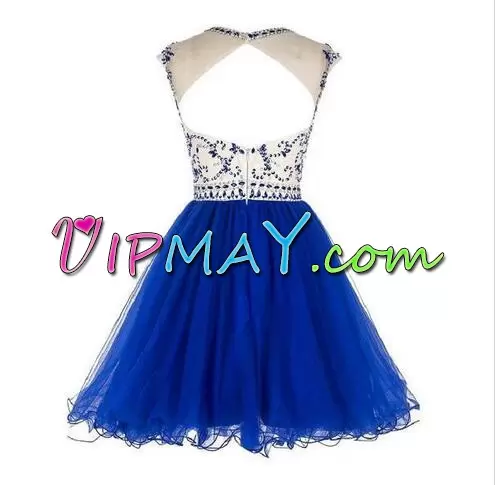 Latest Royal Blue Sleeveless Mini Length Beading Backless Dress for Prom Scoop