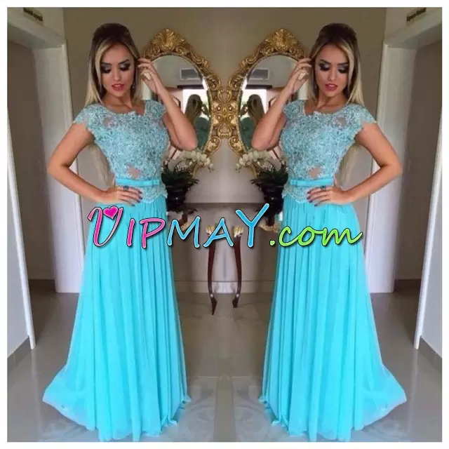 Cap Sleeves Scoop Lace Up Floor Length Appliques Homecoming Dress Scoop