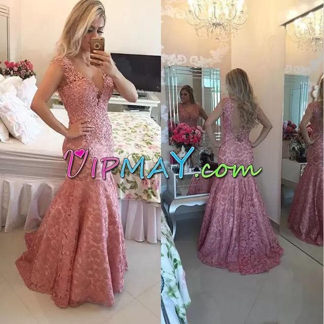 V-neck Sleeveless Prom Dress Pink Lace Lace Homecoming Dress