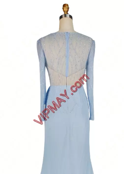 Hot Sale V-neck Long Sleeves Chiffon Prom Dresses Beading Sweep Train Zipper