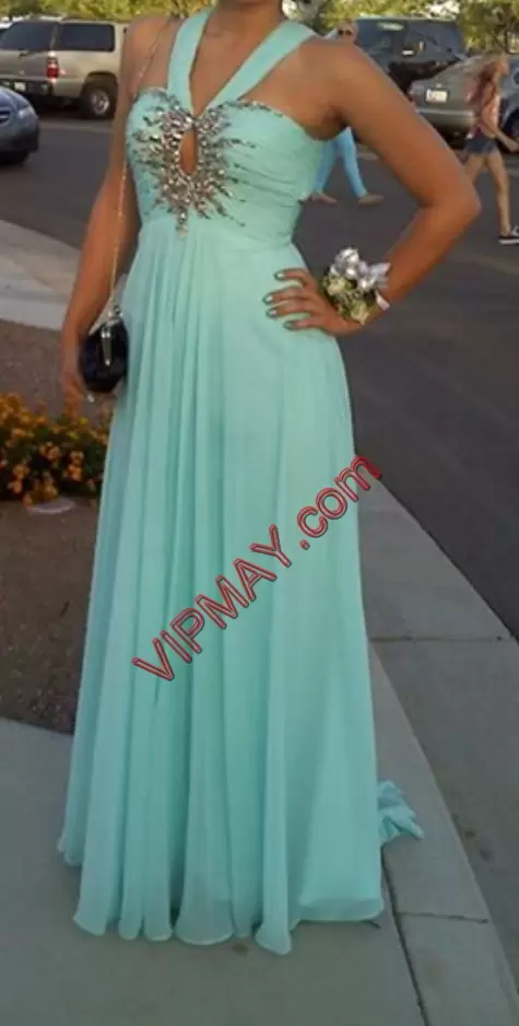 Floor Length A-line Sleeveless Aqua Blue Prom Dress Lace Up