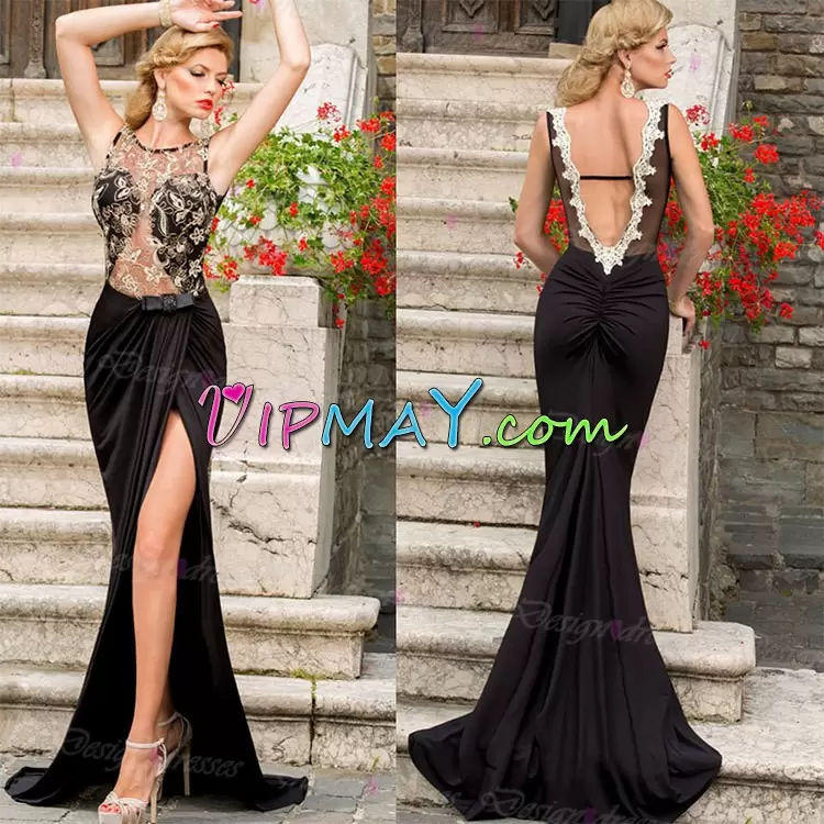 Fashionable Black Scoop Backless Lace and Appliques Evening Party Dresses Sweep Train Sleeveless