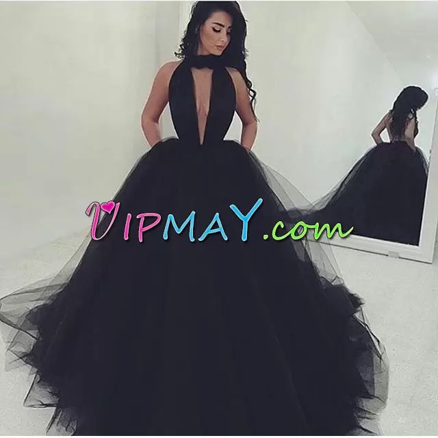 Extravagant Black A-line Tulle High-neck Sleeveless Ruching Backless Prom Gown Sweep Train
