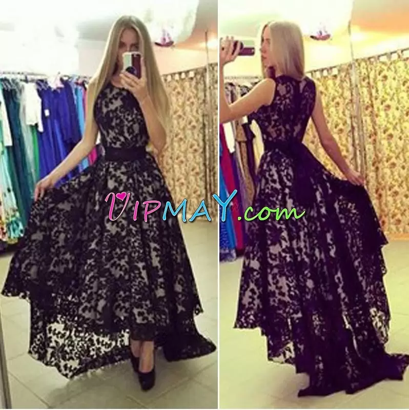 Edgy Sleeveless Scoop Sweep Train Zipper High Low Lace Prom Homecoming Dress Scoop