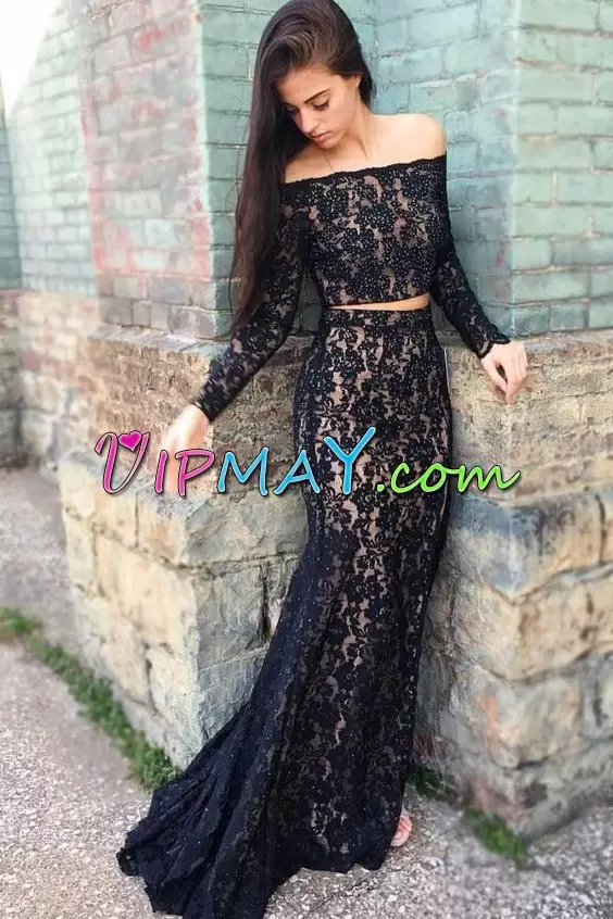 Discount Black Two Pieces Off The Shoulder Sleeveless Lace Sweep Train Lace Up Lace Prom Dress