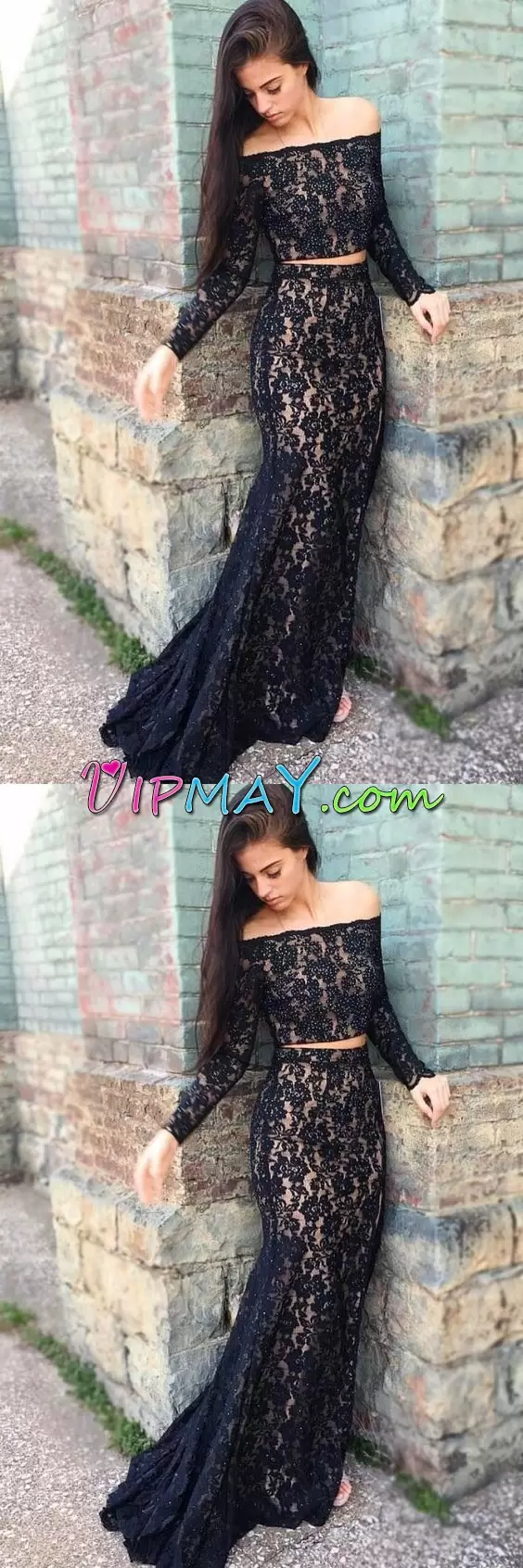 Discount Black Two Pieces Off The Shoulder Sleeveless Lace Sweep Train Lace Up Lace Prom Dress