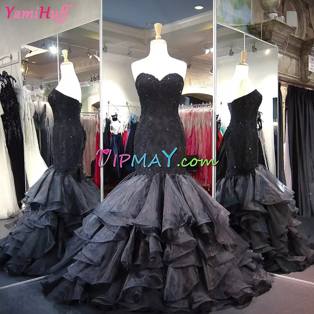 Black Lace Up Prom Evening Gown Sleeveless Sweep Train Lace and Ruffled Layers