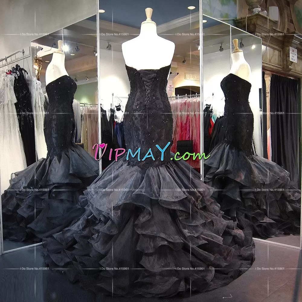 Black Lace Up Prom Evening Gown Sleeveless Sweep Train Lace and Ruffled Layers