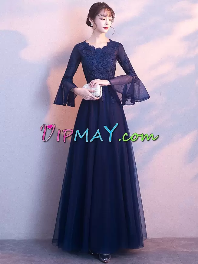 Blue Zipper Prom Party Dress Long Sleeves Floor Length Appliques