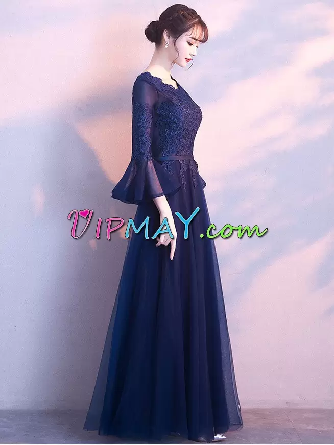 Blue Zipper Prom Party Dress Long Sleeves Floor Length Appliques