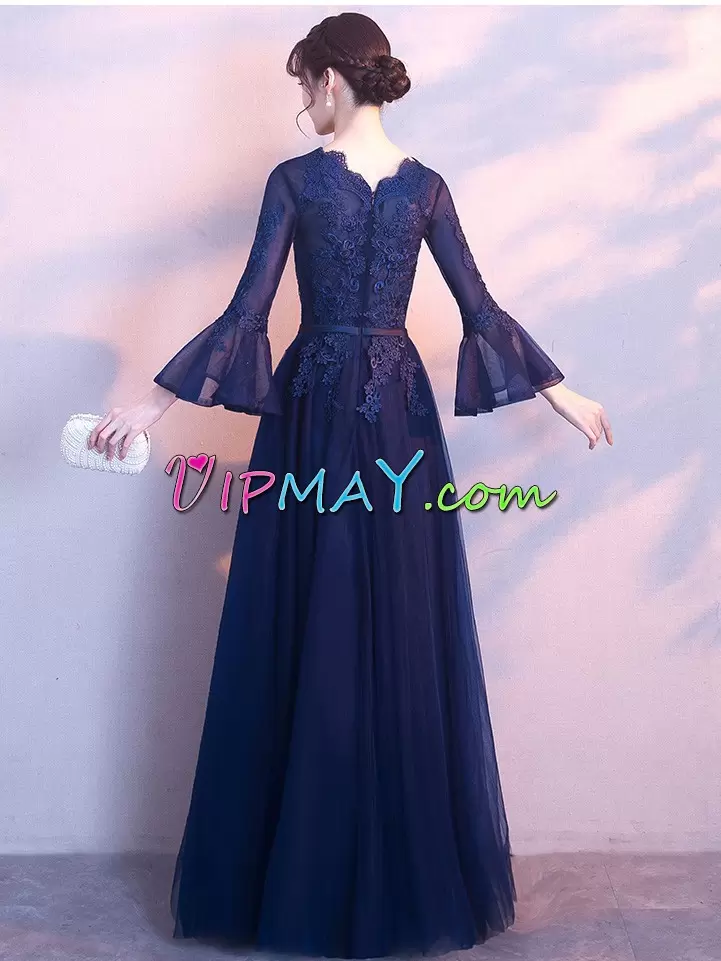 Blue Zipper Prom Party Dress Long Sleeves Floor Length Appliques