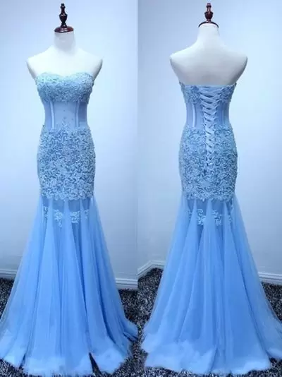 Ideal Lace Blue Lace Up Sleeveless Floor Length Prom Dress