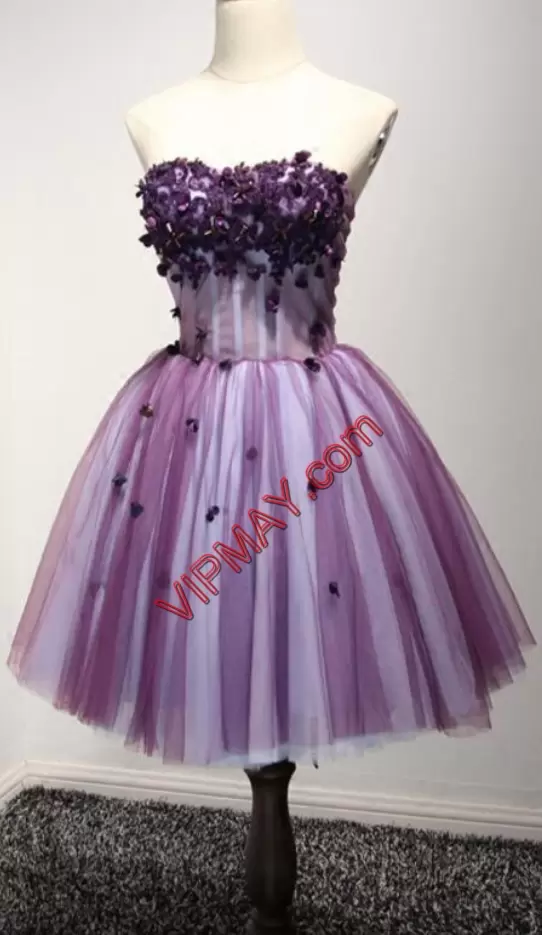 Colorful Purple A-line Tulle Sweetheart Sleeveless Beading and Appliques Mini Length Lace Up Prom Gown