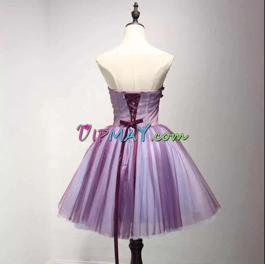 Colorful Purple A-line Tulle Sweetheart Sleeveless Beading and Appliques Mini Length Lace Up Prom Gown