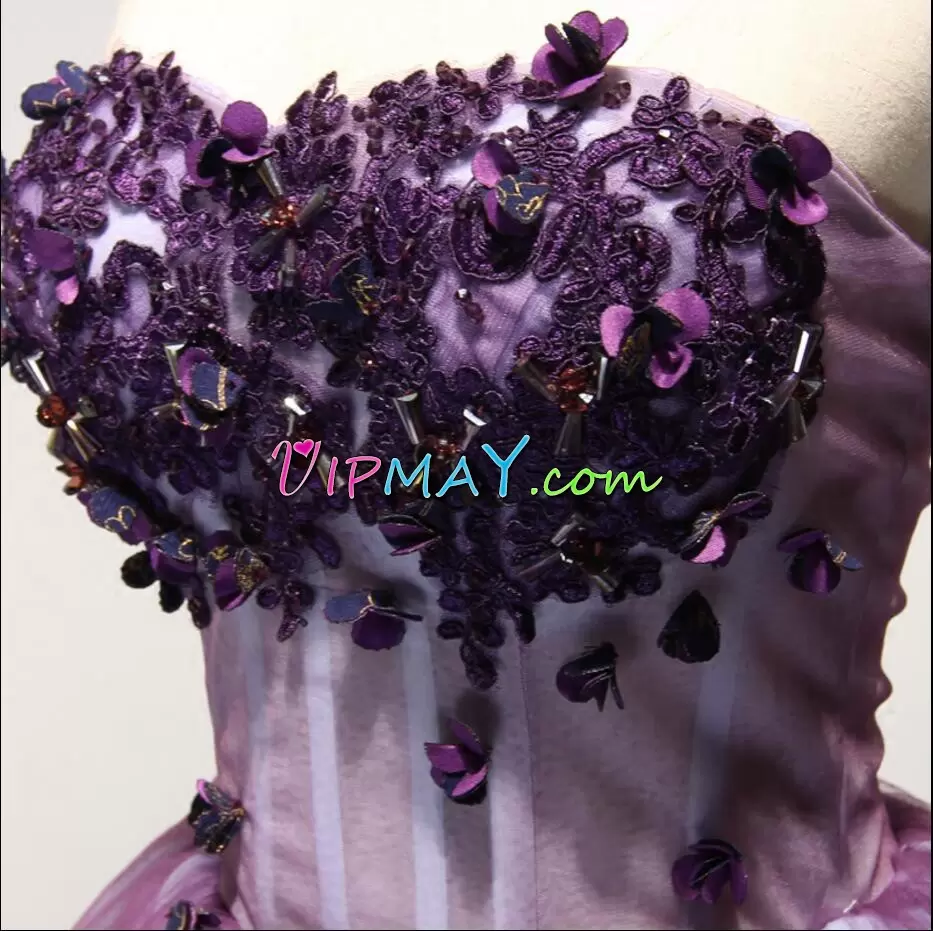 Colorful Purple A-line Tulle Sweetheart Sleeveless Beading and Appliques Mini Length Lace Up Prom Gown