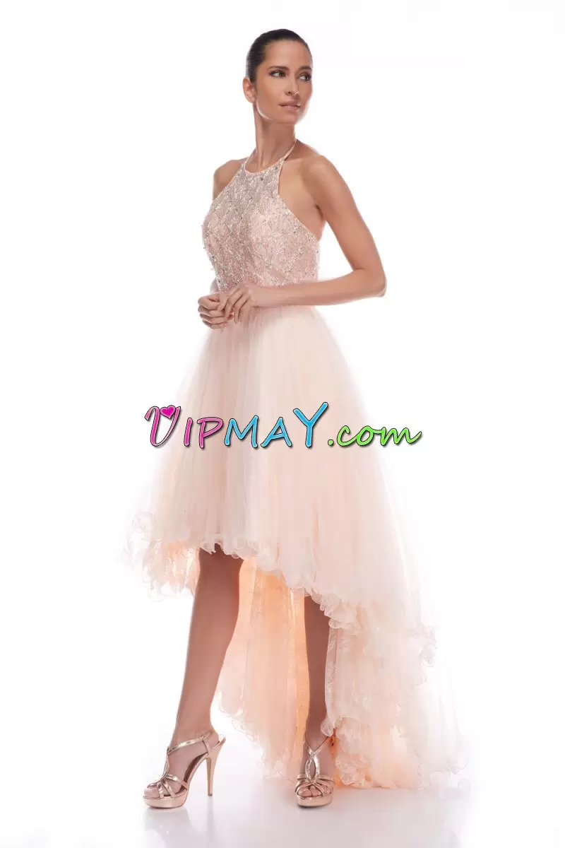 Pink Backless Halter Top Beading Evening Wear Tulle Sleeveless