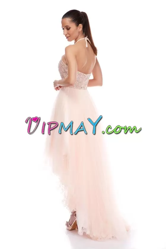 Pink Backless Halter Top Beading Evening Wear Tulle Sleeveless