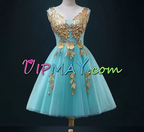 Appliques Prom Gown Blue Lace Up Sleeveless Knee Length