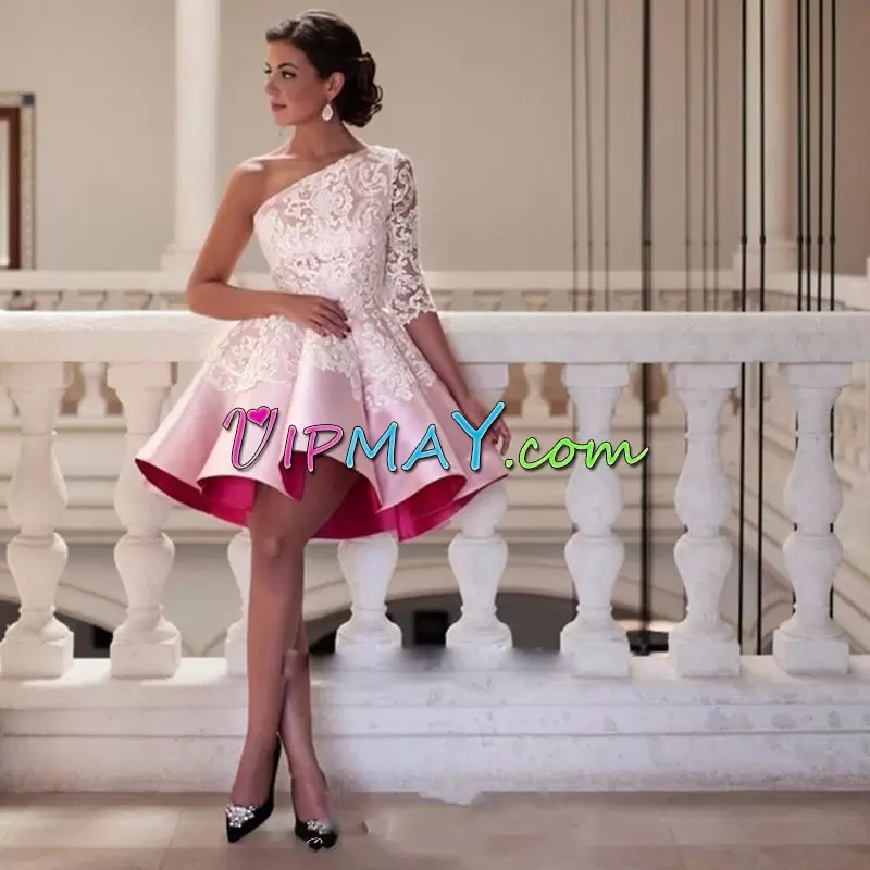 Pink Dress for Prom Prom and Party with Appliques One Shoulder Half Sleeves Lace Up